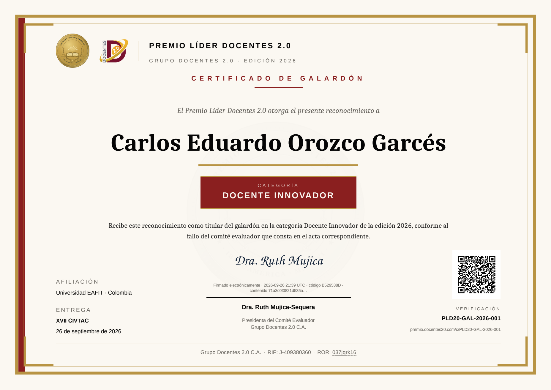 Vista previa del certificado PLD20-GAL-2026-001